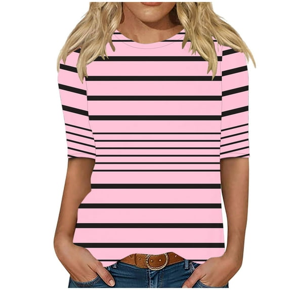 Olyvenn Summer Striped Tshirt for Women Loose Lightweight Street Outing Shirt Crew Neck 3/4 Sleeve Tunic Top with Pocket Pink XL