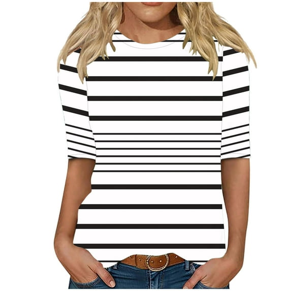 Olyvenn Summer Striped Tshirt for Women Loose Lightweight Street Outing Shirt Crew Neck 3/4 Sleeve Tunic Top with Pocket White XXXL