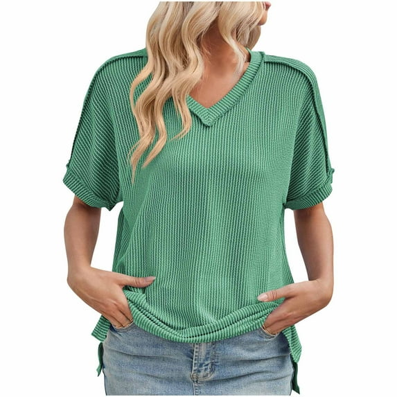 Olyvenn Summer T Shirts 2025 Womens Fashion V Neck Solid Tops Loose Fit Spring Textured Basic Tee Dressy Casual Work Shirts Green 16-18