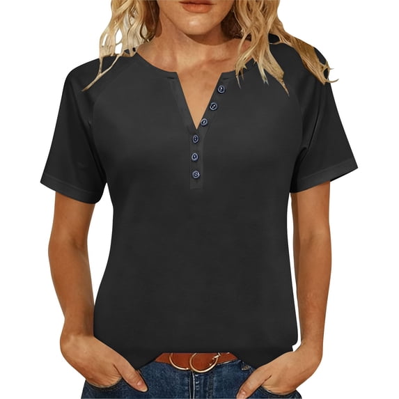 Olyvenn Summer T Shirts for Women Dressy Casual V Neck Button Up Blouse Solid Color Loose Short Sleeve Tunic Tops Black S