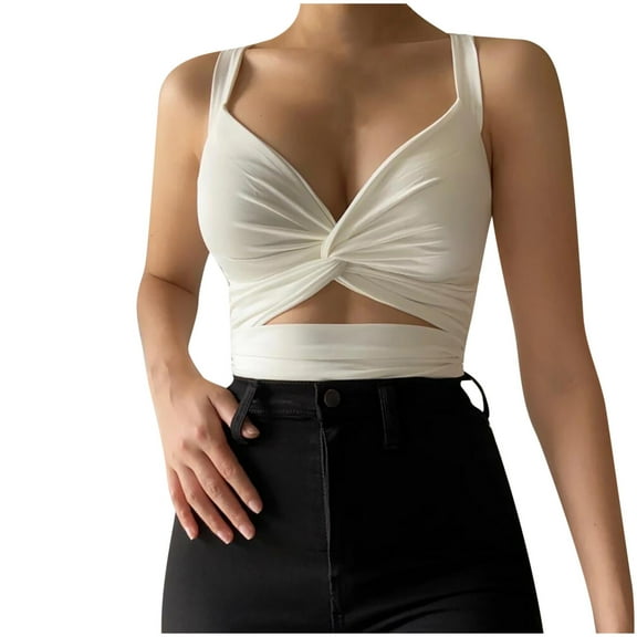 Olyvenn Summer Teen Girls Shirts Women's Fashion Crop Tank Tops Trendy Slim Cami Sleeveless V Neck Tees for Women Cozy Clothes Backless Bandana Tee Shirts Solid Camis White XL