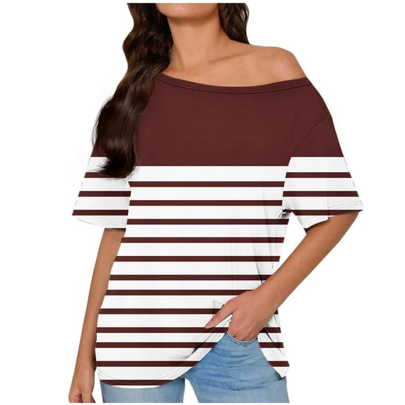 Olyvenn Summer Tops for Women 2025 Trendy Crew Neck Short Sleeve Blouses Loungewear Shirts Cold Shoulder Homewear Blouse Vacation Striped Clothes Wine L