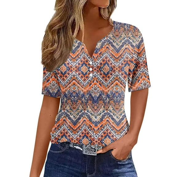 Olyvenn Summer Tops for Women 2025 Button V Neck Boho Short Sleeve Vintage Graphic Ribbed Shirts Casual Loose Comfy Tunic Trendy Pullover Brown XXXL