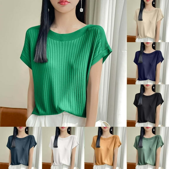 Olyvenn Summer Tops for Women 2025 Dressy Casual Knitted Blouse Lightweight Loose Crew Neck Short Sleeve Comfy Tee Shirts Army Green M