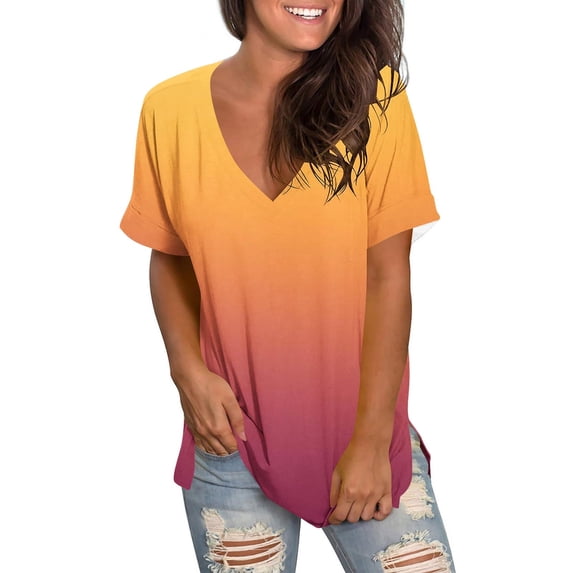 Olyvenn Summer Tops for Women 2025 Gradient Color T Shirts Short Sleeve V Neck Blouse Casual Trendy Going Out Tunic Tops Tees Orange S