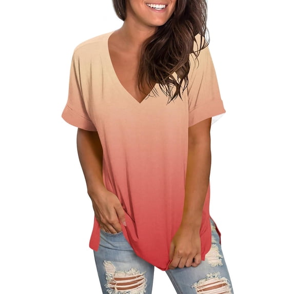 Olyvenn Summer Tops for Women 2025 Gradient Color T Shirts Short Sleeve V Neck Blouse Casual Trendy Going Out Tunic Tops Tees Red XXL