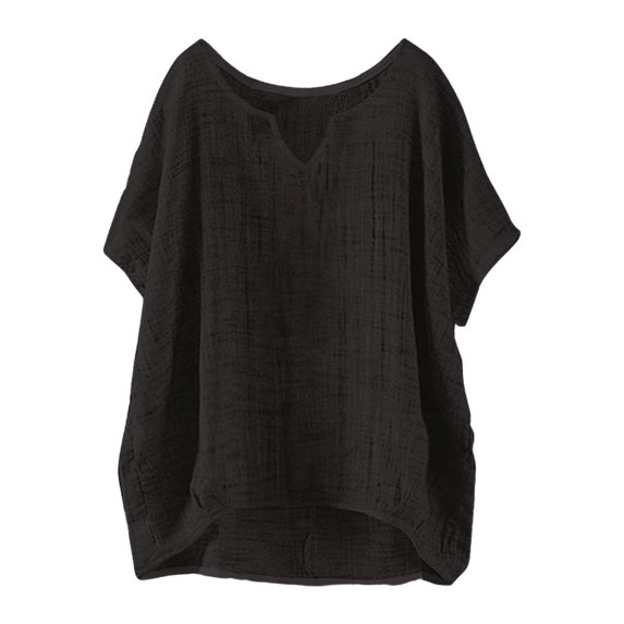 Olyvenn Summer Tops for Women 2025 Short Sleeve Crew Neck Linen Cotton Shirts Plus Size Gauze Casual Dressy Blouse Outfits Black XL