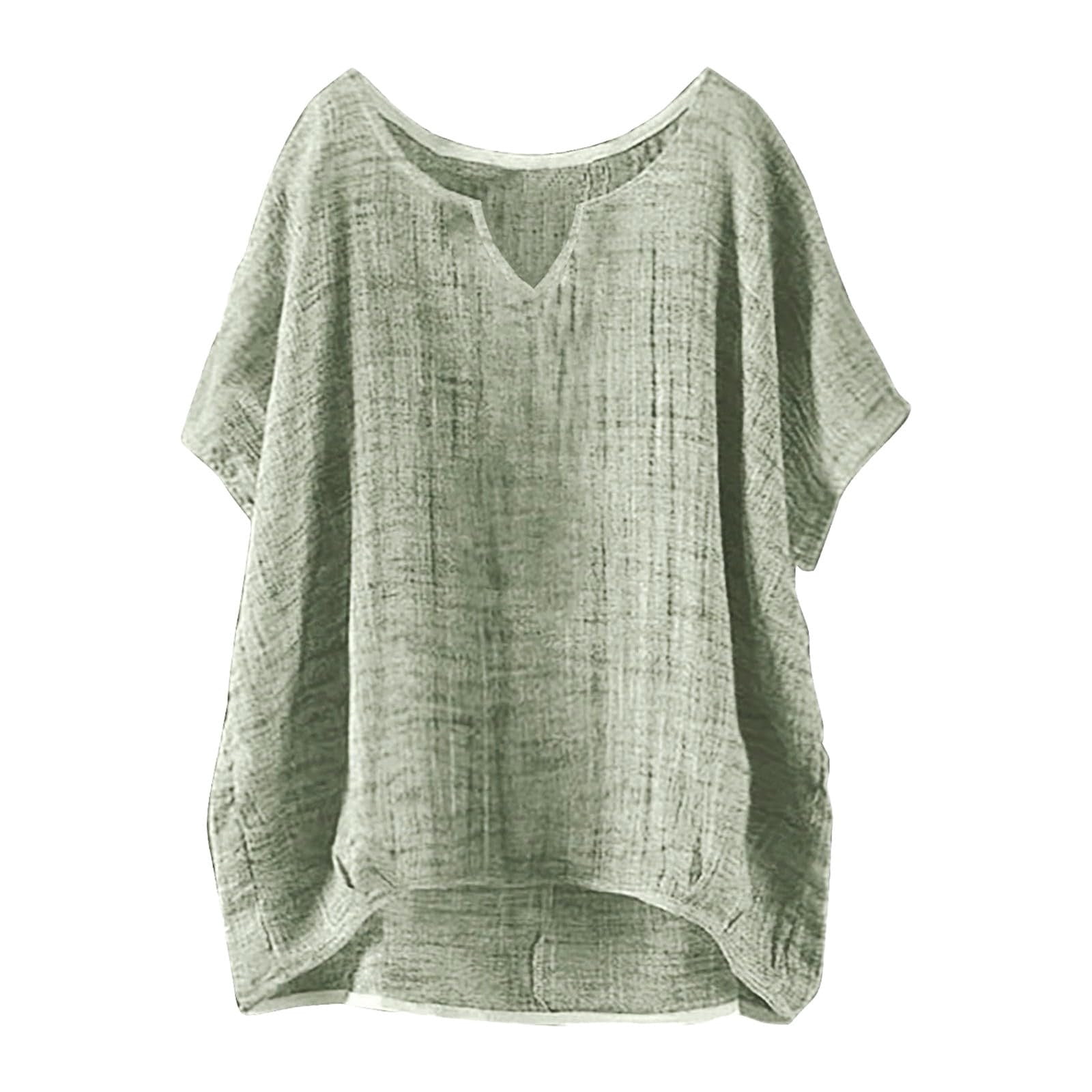 Olyvenn Summer Tops for Women 2025 Short Sleeve Crew Neck Linen Cotton ...
