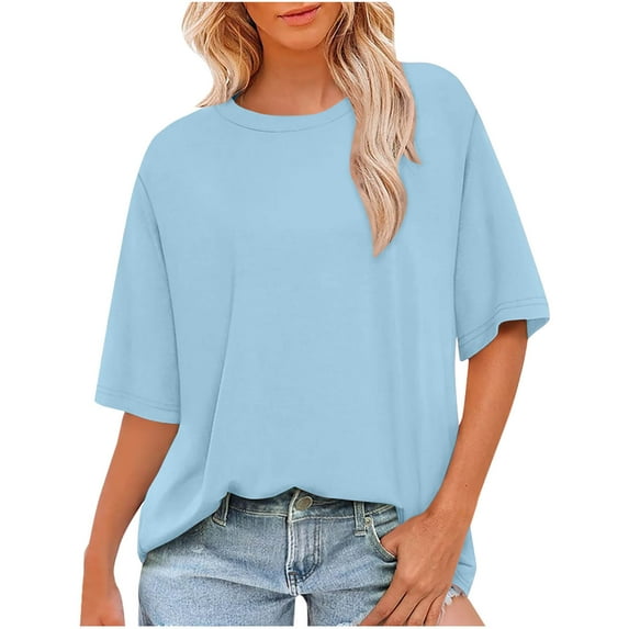 Olyvenn Summer Tops for Women 2025 Short Sleeve Shirts Dressy Casual Crew Neck Tshirts Plus Size Fashion Tees Light Blue M