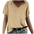 thumbnail image 1 of Olyvenn Summer Tops for Women 2025 Short Sleeve V Neck T Shirts Trendy Vintage Basic Tees Loose Comfy Blouses Casual Outfits Khaki 12, 1 of 4