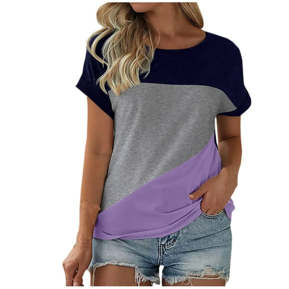 Olyvenn Summer Tops for Women 2025 Trendy Casual Color Block Shirts Fashion Short Sleeve Crew Neck Blouse Loose Comfy Tees Purple 8