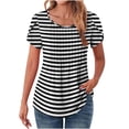 thumbnail image 1 of Olyvenn Summer Tops for Women 2025 Trendy Crew Neck Petal Short Sleeve Casual Shirt Blouse Striped Fashion Fall Clothes Pleated Tunic Multicolor XXL, 1 of 7