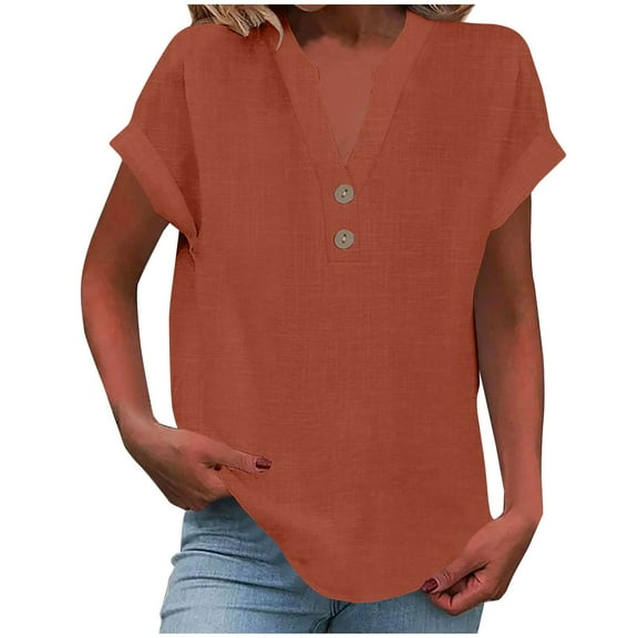 Olyvenn Summer Tops for Women 2025 Trendy Short Sleeve Cotton Linen Shirt Casual Button V Neck Tunic Blouses Outfits Brown M