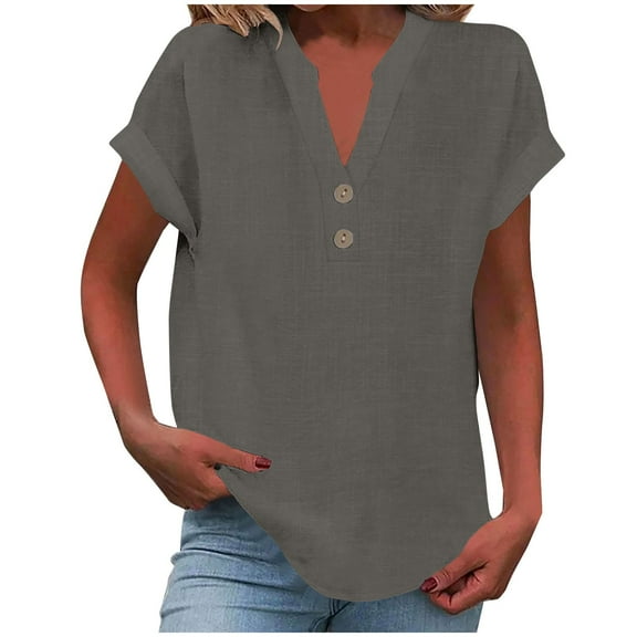 Olyvenn Summer Tops for Women 2025 Trendy Short Sleeve Cotton Linen Shirt Casual Button V Neck Tunic Blouses Outfits Dark Gray M