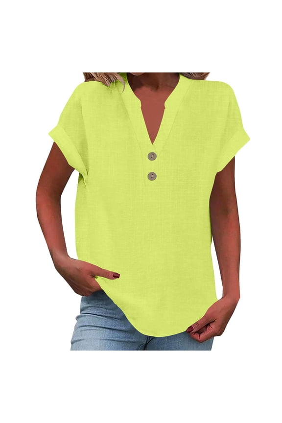 Summer Tops for Women 2025 Trendy Short Sleeve Cotton Linen Shirt Casual Button V Neck Tunic Blouses Outfits Green XXL