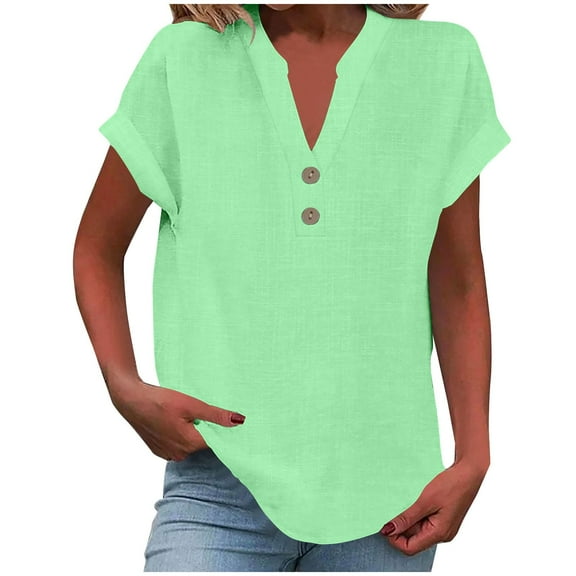 Olyvenn Summer Tops for Women 2025 Trendy Short Sleeve Cotton Linen Shirt Casual Button V Neck Tunic Blouses Outfits Mint Green L