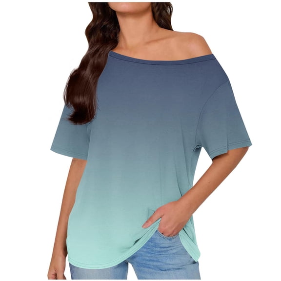 Olyvenn Summer Tops for Women 2026 Skew Off-Shoulder Gradient Blouse Loose Fit Solid Short Sleeve Casual Tunic T-Shirts Navy L