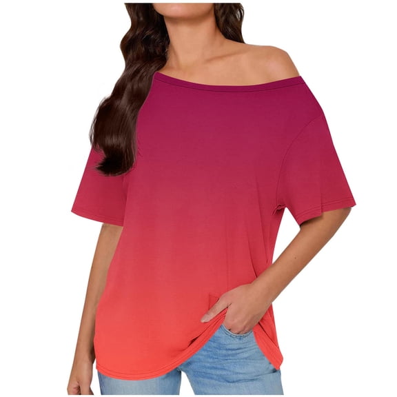 Olyvenn Summer Tops for Women 2026 Skew Off-Shoulder Gradient Blouse Loose Fit Solid Short Sleeve Casual Tunic T-Shirts Pink L