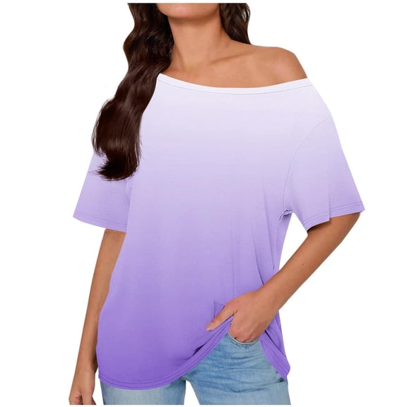 Olyvenn Summer Tops for Women 2026 Skew Off-Shoulder Gradient Blouse Loose Fit Solid Short Sleeve Casual Tunic T-Shirts Purple S