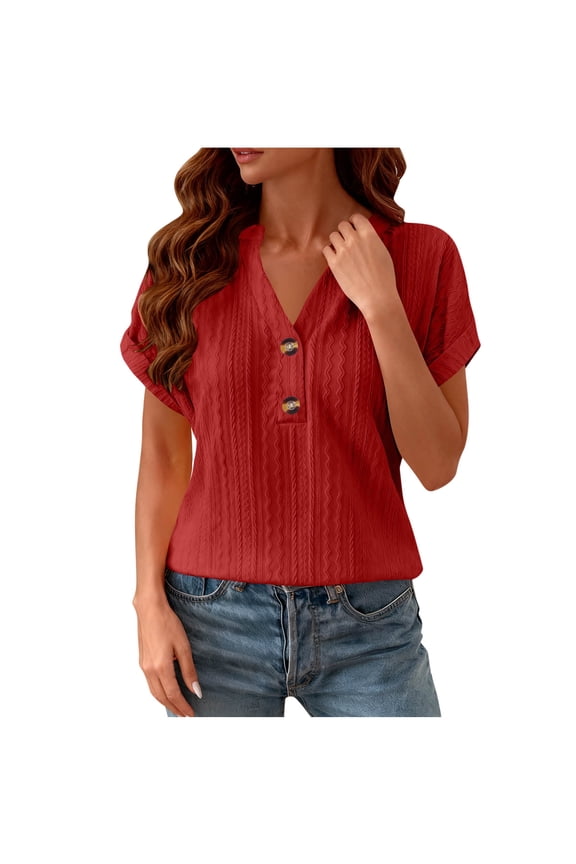 Summer Tops for Women 2026 Trendy Short Sleeve Cotton Linen Shirt Casual Button v Neck Tunic Blouses Outfits Red S