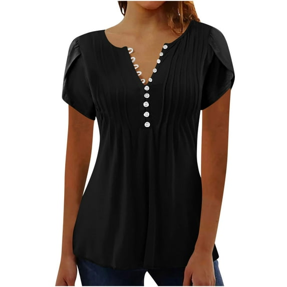 Olyvenn Summer Tops for Women Dressy Casual Boho Solid Short Petal Sleeve Tunic Shirts Pleated Button V Neck Henley Blouses Black M