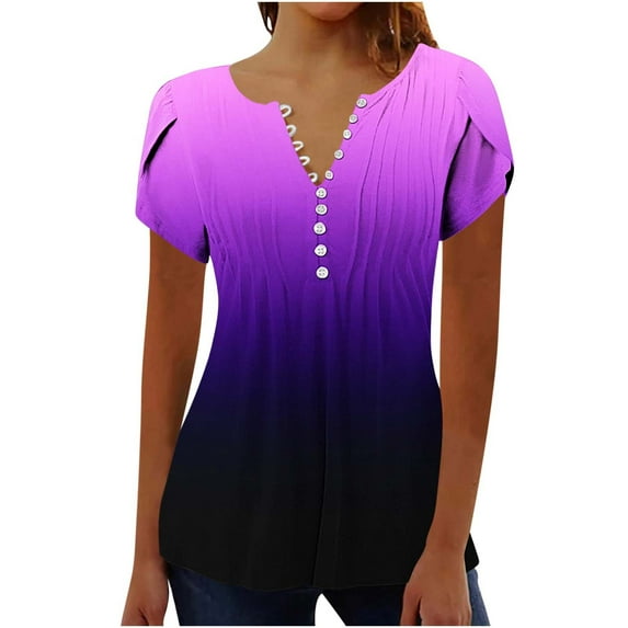 Olyvenn Summer Tops for Women Dressy Casual Gradient Boho Short Petal Sleeve Tunic Shirts Pleated Button V Neck Henley Blouses Multicolor XXL