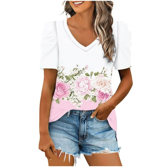 Olyvenn Summer Tops for Women Ruffle Short Sleeve Shirts Classic Floral V Neck Trendy Dressy Casual Blouses Loose Fit T Shirt Pink XL
