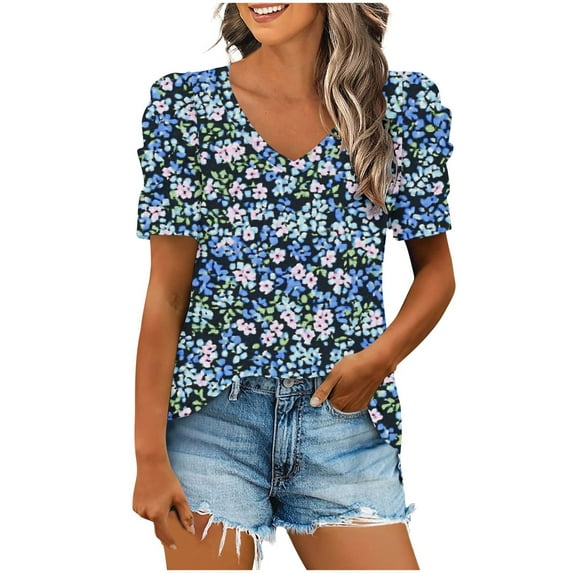 Olyvenn Summer Tops for Women Ruffle Short Sleeve Shirts Floral V Neck Trendy Dressy Casual Blouses Loose Fit T Shirt Navy XL