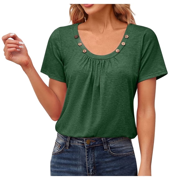 Olyvenn Summer Tops for Women Short Sleeve Button Square Neck Blouse Tshirts Dressy Casual Tunic Tees Pleated Solid Clothes Green 4