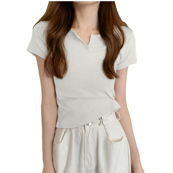 Olyvenn Summer Tops for Women Short Sleeve Solid Color Basic Tee Soft Lightweight V Neck Shirt 2025 Trendy Outfits White M