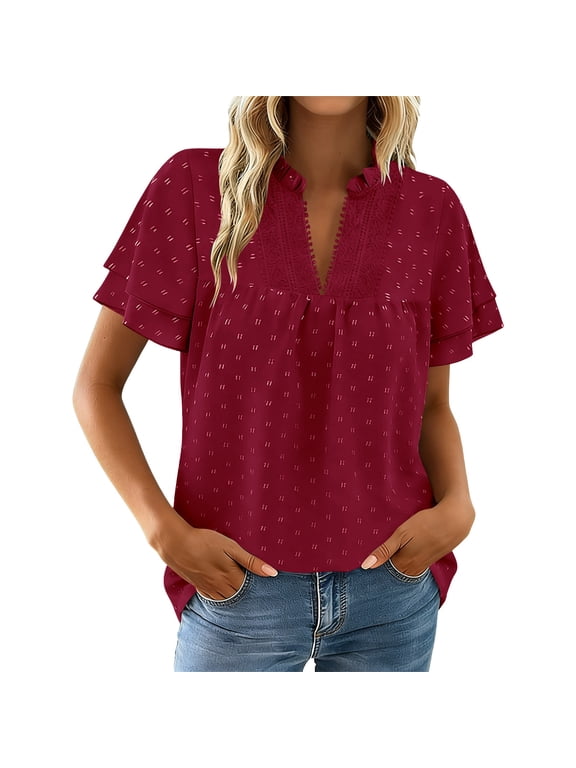 Summer Trendy Women's V-Neck Ruffle Trim Swiss Dot Short Sleeve Blouse Casual Loose Fit Tops Wine L