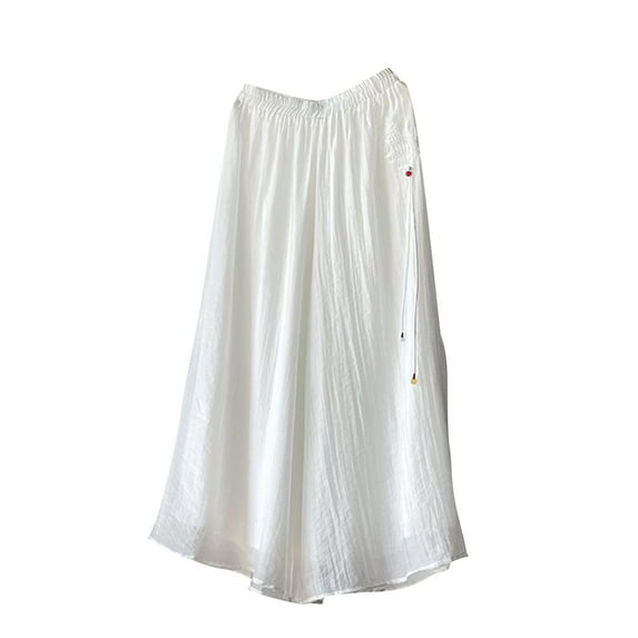 Olyvenn Summer Wide Leg Pants for Women Casual Fashion Vintage Elastic Waist Trousers Solid Color Loose Fit Comfy Beach Pant White XL