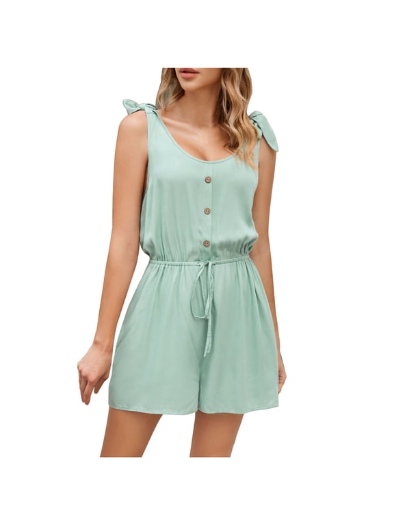 Summer Women Ladies Solid Summer Sleeveless Round Neck Pocket Loose Short Playsuits Rompers Jumpsuit Workout Trendy Women 2023 Green 8