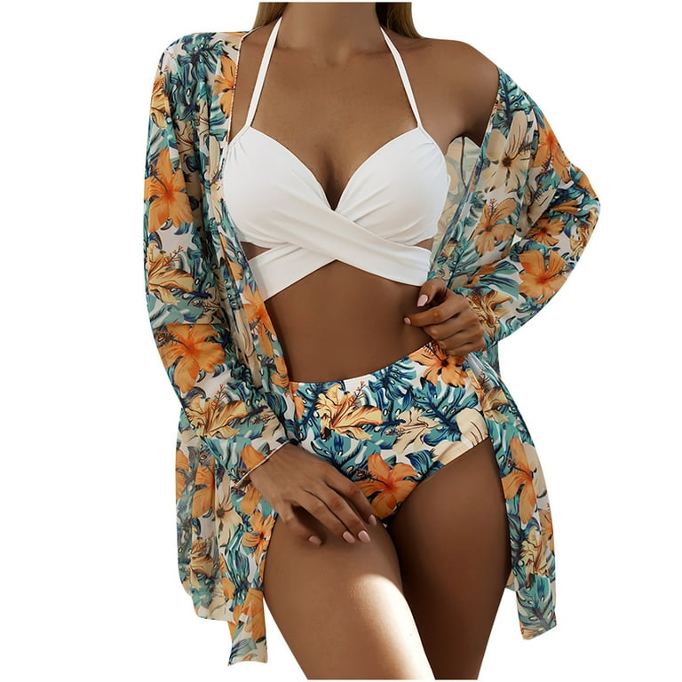 Pinup Fashion Womens Swimsuit Coverup 3/4 Sleeve Button Up Swim Cover Ups  for Women Shirt Bathing Suit Beach Coverups