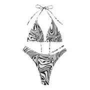 Olyvenn Summer Women's Bikini Swimsuit Corrugated Print Beachwear Strappy Halter Bathing Suit Triangle Higt Waist Swimwear Sets Summer Beach Outfits for Girls Female Relaxed Black M