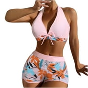 Olyvenn Summer Women's Bikini Swimsuit Hawaiian Tropical Print Beachwear Strappy Halter Bathing Suit Front Bandage Swimwear Sets Summer Beach Outfits for Girls Female Relaxed Pink S
