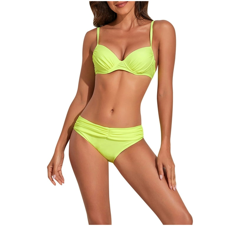 Olyvenn Summer Women's Bikini Swimsuit Solid Color Beachwear Strappy Bathing  Suit Front Ruched Swimwear Sets Summer Beach Outfits for Girls Female  Relaxed Yellow 8 