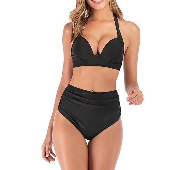 Olyvenn Summer Women's Bikini Swimsuit Solid Color Beachwear Strappy Halter Bathing Suit High Waist Swimwear Sets Summer Beach Outfits for Girls Female Relaxed Black XL