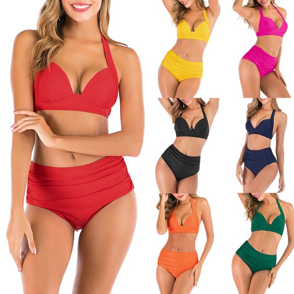 Olyvenn Summer Women's Bikini Swimsuit Solid Color Beachwear Strappy Halter Bathing Suit High Waist Swimwear Sets Summer Beach Outfits for Girls Female Relaxed Hot Pink L