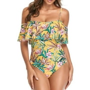 Olyvenn Summer Women's One Piece Bodysuit Hawaiian Tropical Print Beachwear Strappy Bathing Suit Summer Beach Outfits for Girls Ruffle Tierred Swimwear Sets Female Relaxed Yellow XXL