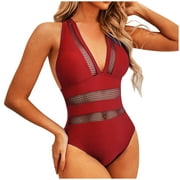 Olyvenn Summer Women's One Piece Swimsuit Solid Color Beachwear Gauze Sexy V-Neck Swimwear Sets Seaside Conservative Bathing Suit Summer Beach Outfits for Girls Female Relaxed Red L