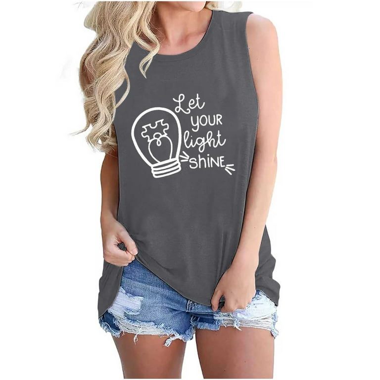 Olyvenn Summer Womens Autism Awareness Tank Tops Sales Trendy Sport Young  Adult Sleeveless Tanks let your light shine Shirts Crew Neck Cami Tunic  Comfy Loose Casual Bodysuit Workout Gray 8 