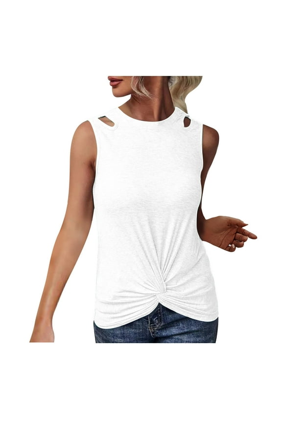 Summer Womens Front Knot Tank Tops Sleeveless Shirts Comfy Solid Tees Hole Shoulder Crew Neck Bodysuit Ribbed Slim Fit Skinny Tight Tunic Casual Camis Stretch Workout Trendy White 4