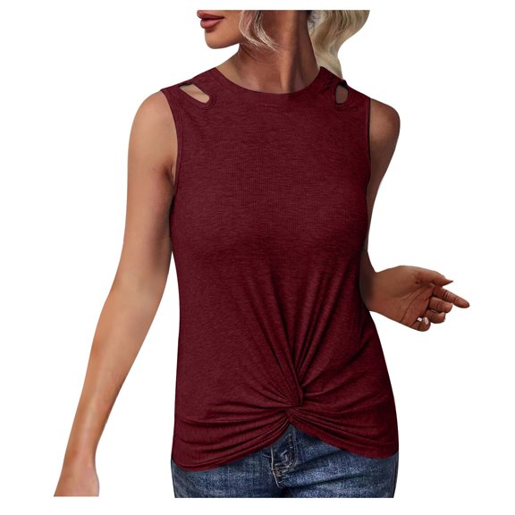 Olyvenn Summer Womens Front Knot Tank Tops Sleeveless Shirts Comfy Solid Tees Hole Shoulder Crew Neck Bodysuit Ribbed Slim Fit Skinny Tight Tunic Casual Camis Stretch Workout Trendy Wine 6