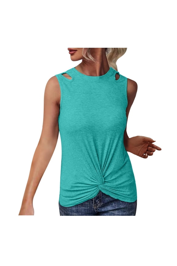 Summer Womens Front Knot Tank Tops Sleeveless Shirts Comfy Solid Tees Hole Shoulder Crew Neck Bodysuit Ribbed Slim Fit Skinny Tight Tunic Casual Camis Stretch Workout Trendy Green 4