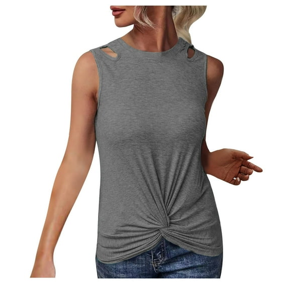 Olyvenn Summer Womens Front Knot Tank Tops Sleeveless Shirts Comfy Solid Tees Hole Shoulder Crew Neck Bodysuit Ribbed Slim Fit Skinny Tight Tunic Casual Camis Stretch Workout Trendy Gray 4