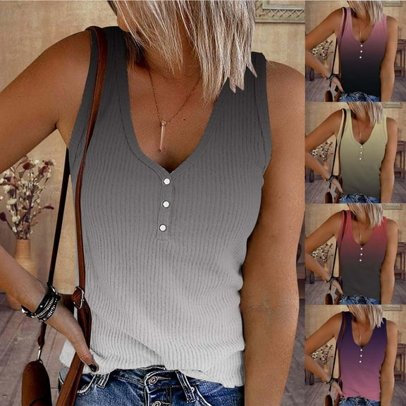 Olyvenn Summer Womens Henley Shirts Sales Stretch Classic Workout Trendy 2023 Sport Sleeveless Tanks Gradient Shirts Knit V Neck Cami Button Down Ribbed Tank Tops Ruched Slim Bodysuit Red 4