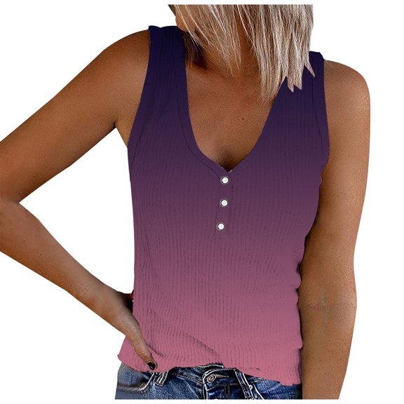 Olyvenn Summer Womens Henley Shirts Sales Stretch Classic Workout Trendy 2023 Sport Sleeveless Tanks Gradient Shirts Knit V Neck Cami Button Down Ribbed Tank Tops Ruched Slim Bodysuit Purple 12