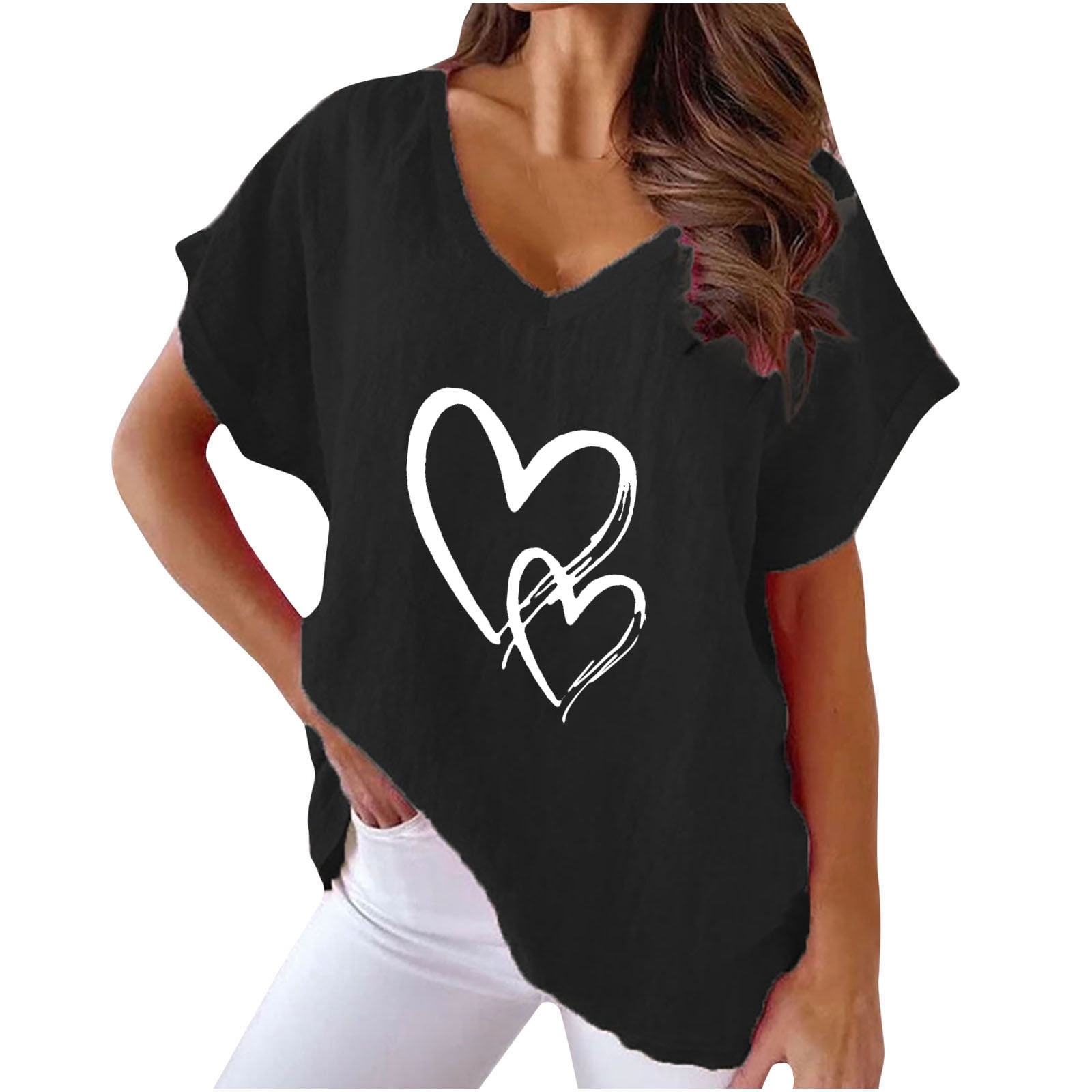 Olyvenn Summer Womens Plus Size Cotton Linen T-Shirts Clothing 2023 V Neck  Shirts Comfy Relaxed Fit Casual Flowy Blouse Workout Short Sleeve Womens  Tops Love Heart Print Tees Trendy Black 12 - | T-Shirts
