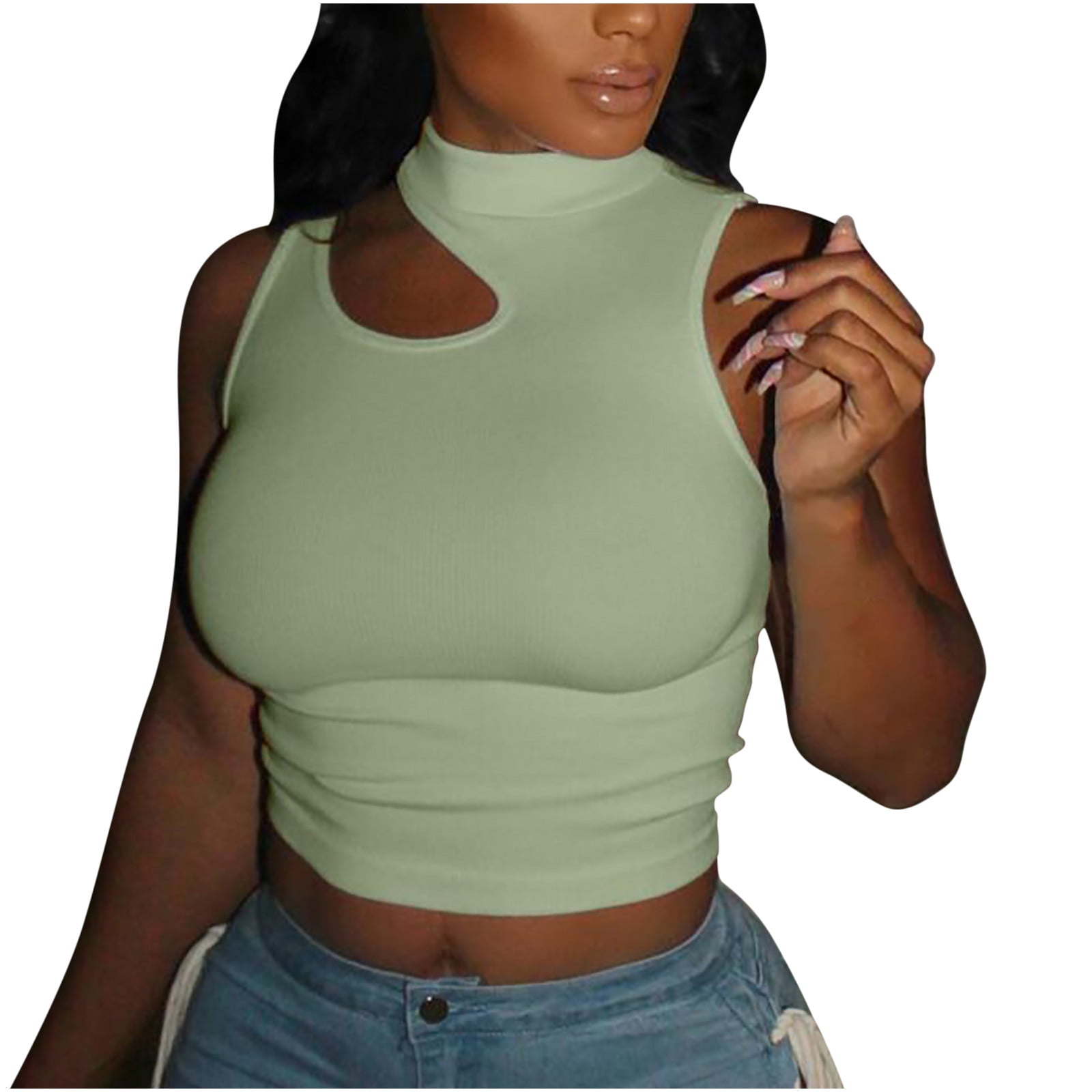 Olyvenn Summer Womens Sleeveless Tees Tank Tops for Women Turtleneck Shirts  Workout Racerback Off Shoulder Tee Tops Cozy Clothing Solid Tee Sexy Slim  Camis Casual Green 4 